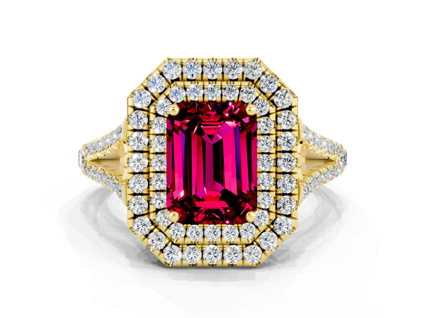 Yellow gold Emerald Cut Garnet Double Halo Ring with Pavé Band and Prong Setting