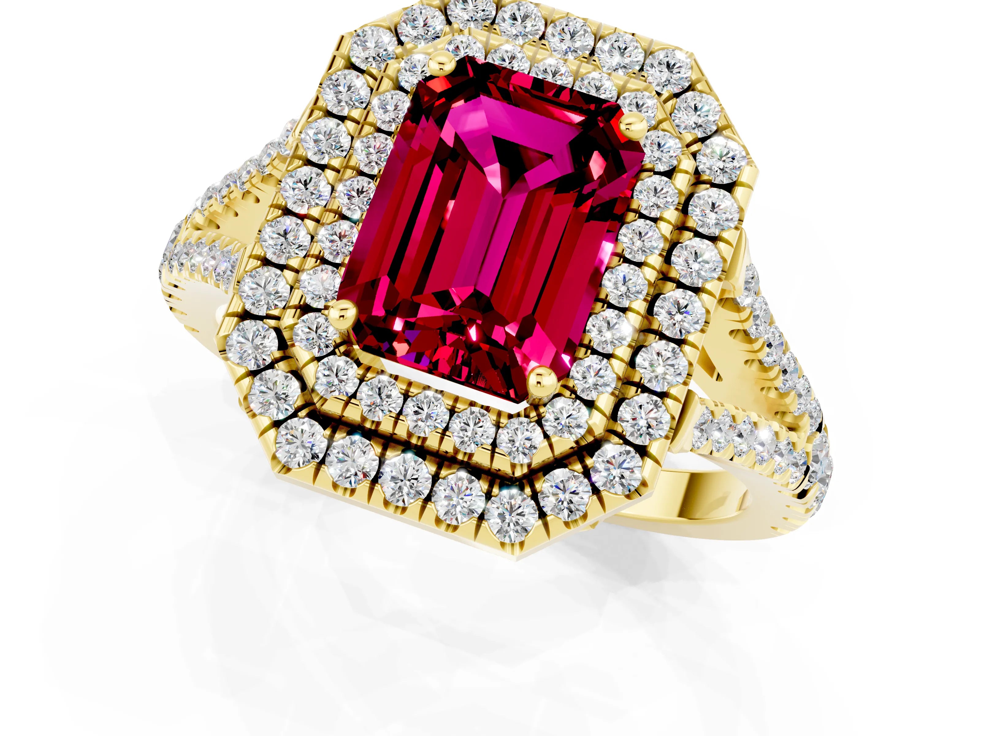 Yellow gold Emerald Cut Garnet Double Halo Ring with Pavé Band and Prong Setting_13
