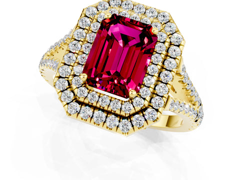 Yellow gold Emerald Cut Garnet Double Halo Ring with Pavé Band and Prong Setting_13