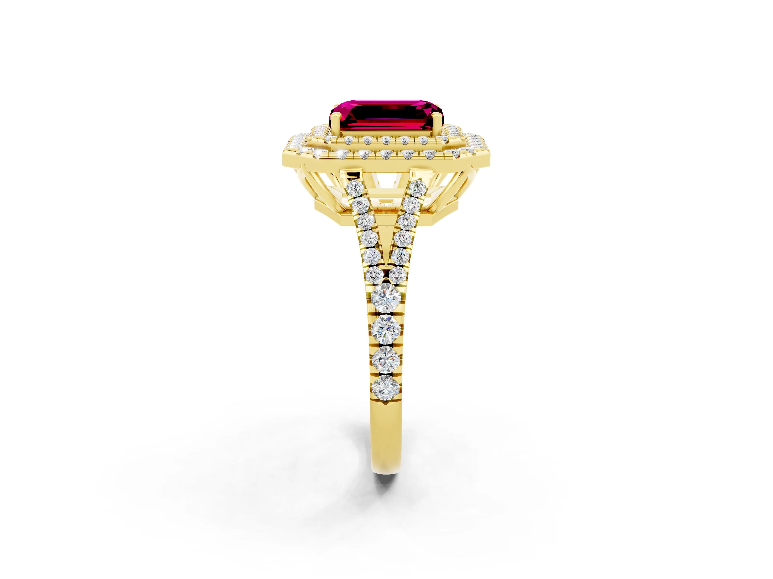 Yellow gold Emerald Cut Garnet Double Halo Ring with Pavé Band and Prong Setting_14