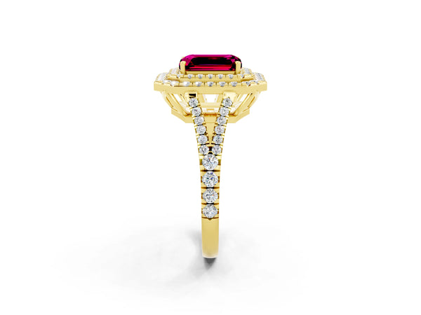Yellow gold Emerald Cut Garnet Double Halo Ring with Pavé Band and Prong Setting