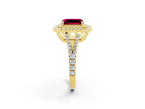 Yellow gold Emerald Cut Garnet Double Halo Ring with Pavé Band and Prong Setting_14
