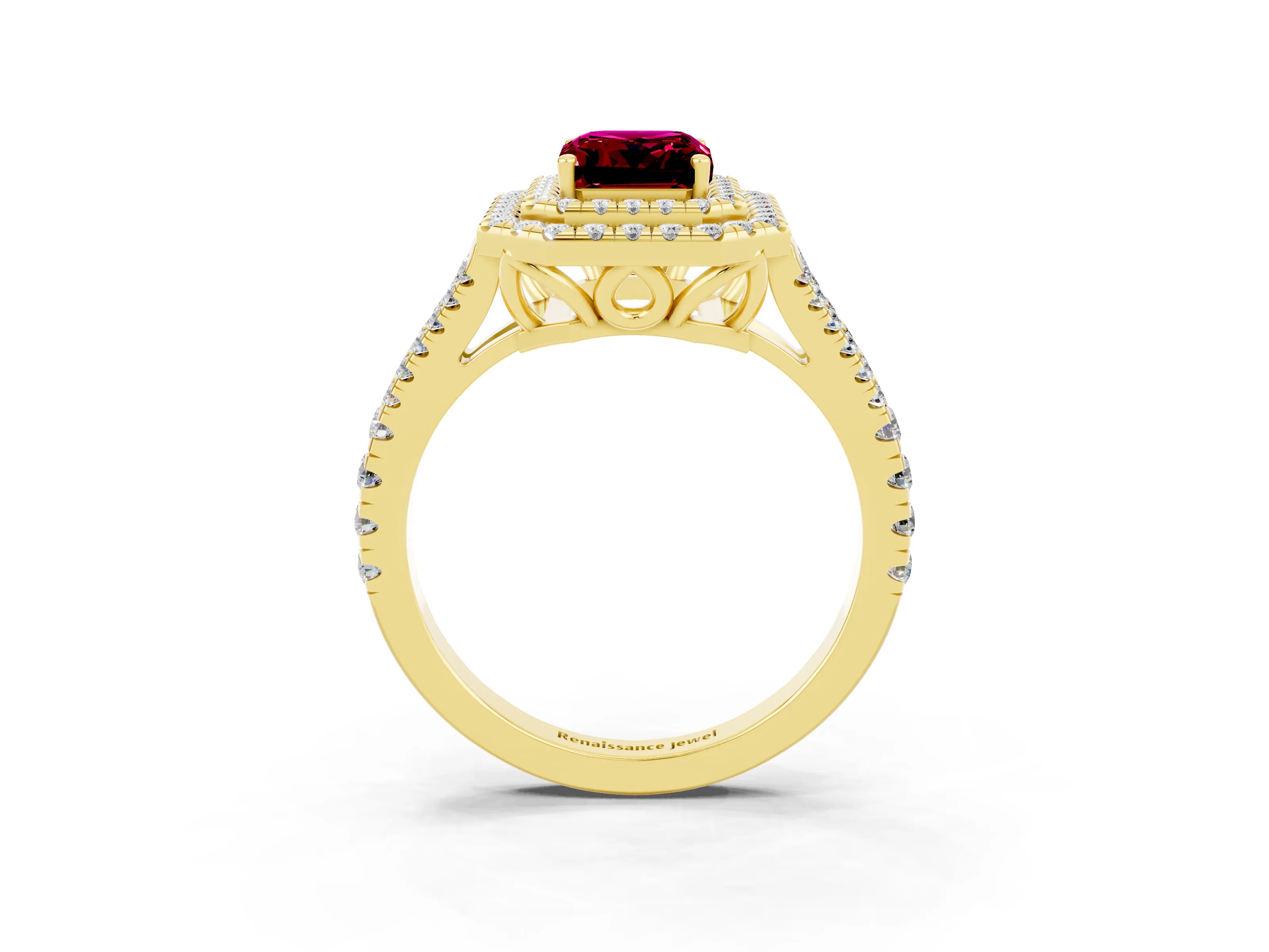 Yellow gold Emerald Cut Garnet Double Halo Ring with Pavé Band and Prong Setting_15