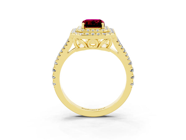 Yellow gold Emerald Cut Garnet Double Halo Ring with Pavé Band and Prong Setting