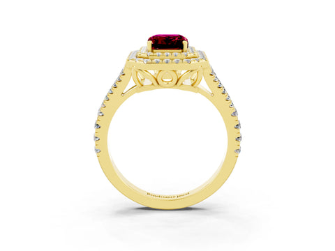 Yellow gold Emerald Cut Garnet Double Halo Ring with Pavé Band and Prong Setting_15