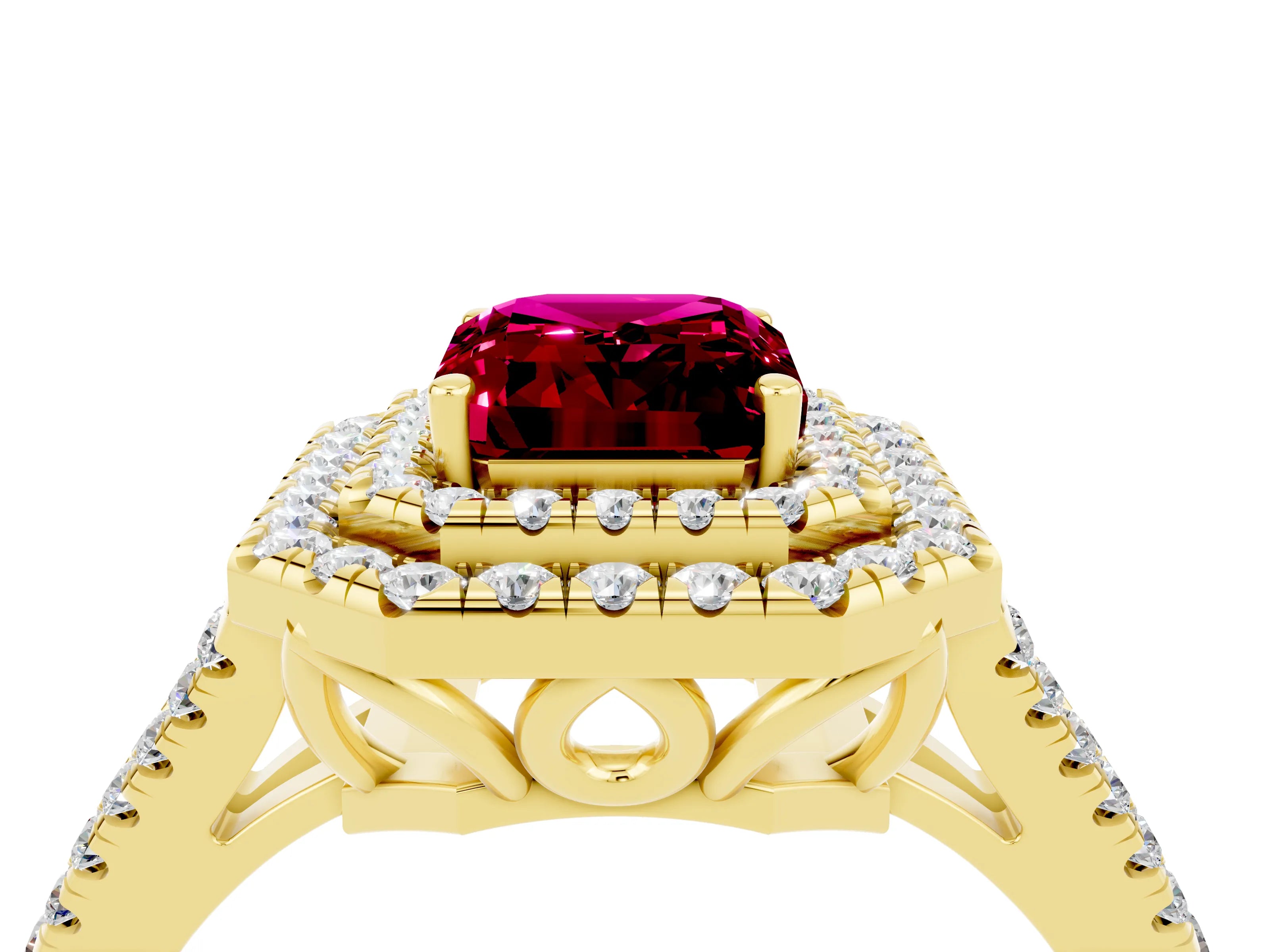 Yellow gold Emerald Cut Garnet Double Halo Ring with Pavé Band and Prong Setting_16
