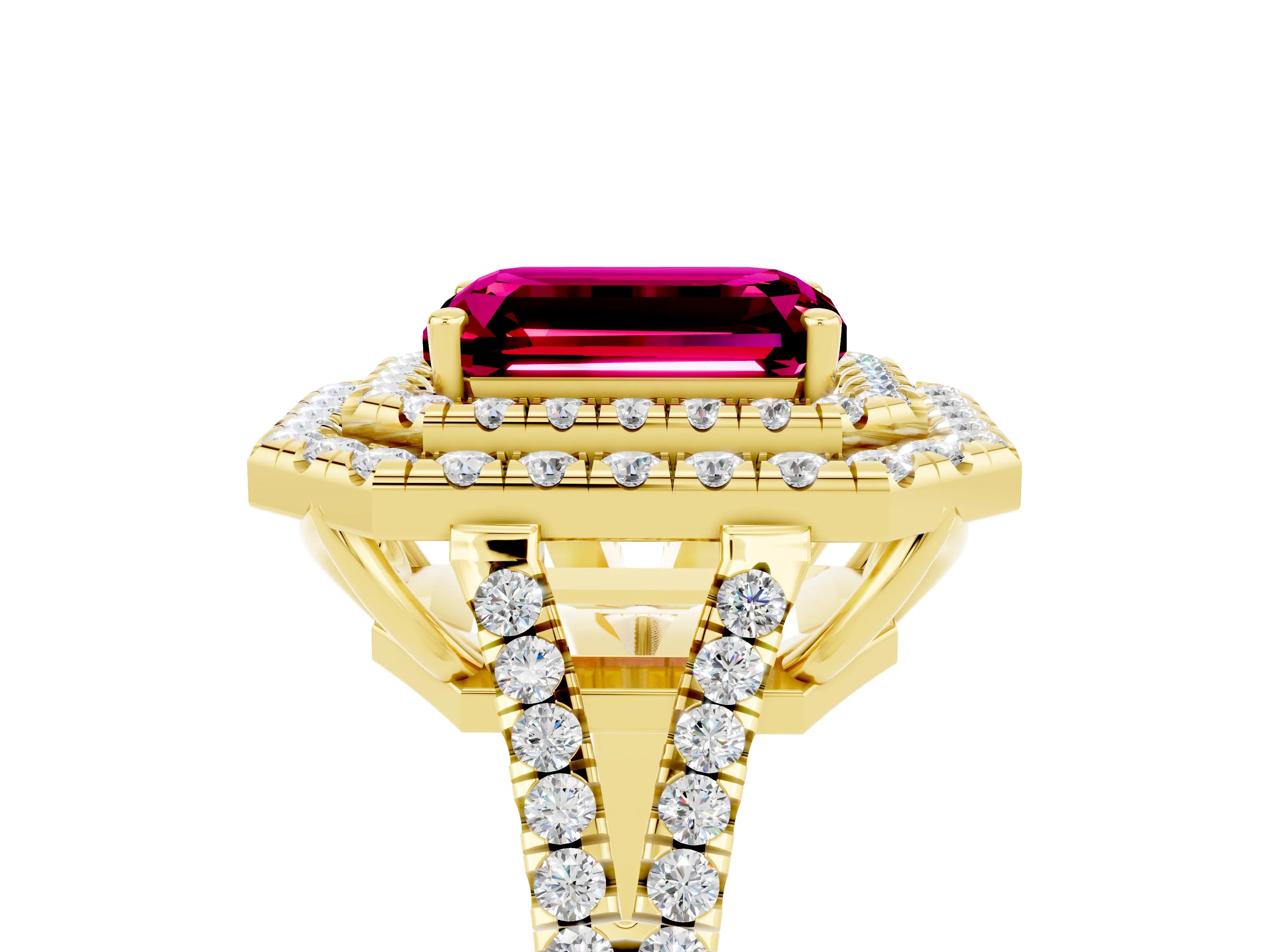 Yellow gold Emerald Cut Garnet Double Halo Ring with Pavé Band and Prong Setting_17