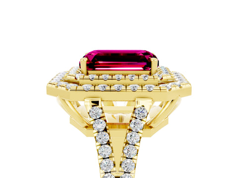 Yellow gold Emerald Cut Garnet Double Halo Ring with Pavé Band and Prong Setting_17
