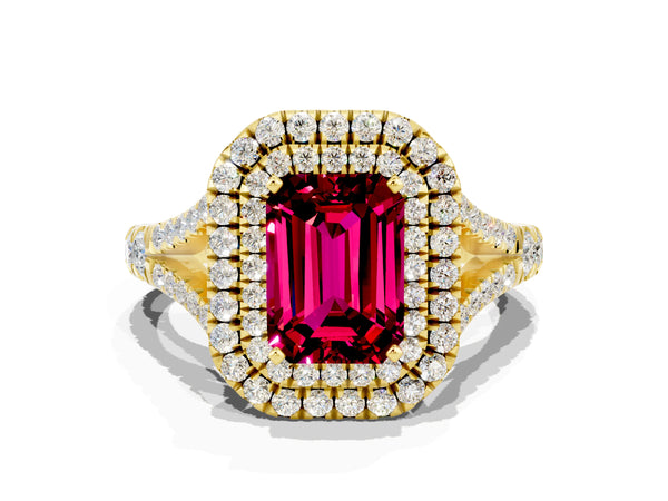 Yellow gold Emerald Cut Garnet Double Halo Ring with Split Shank and Prong Setting