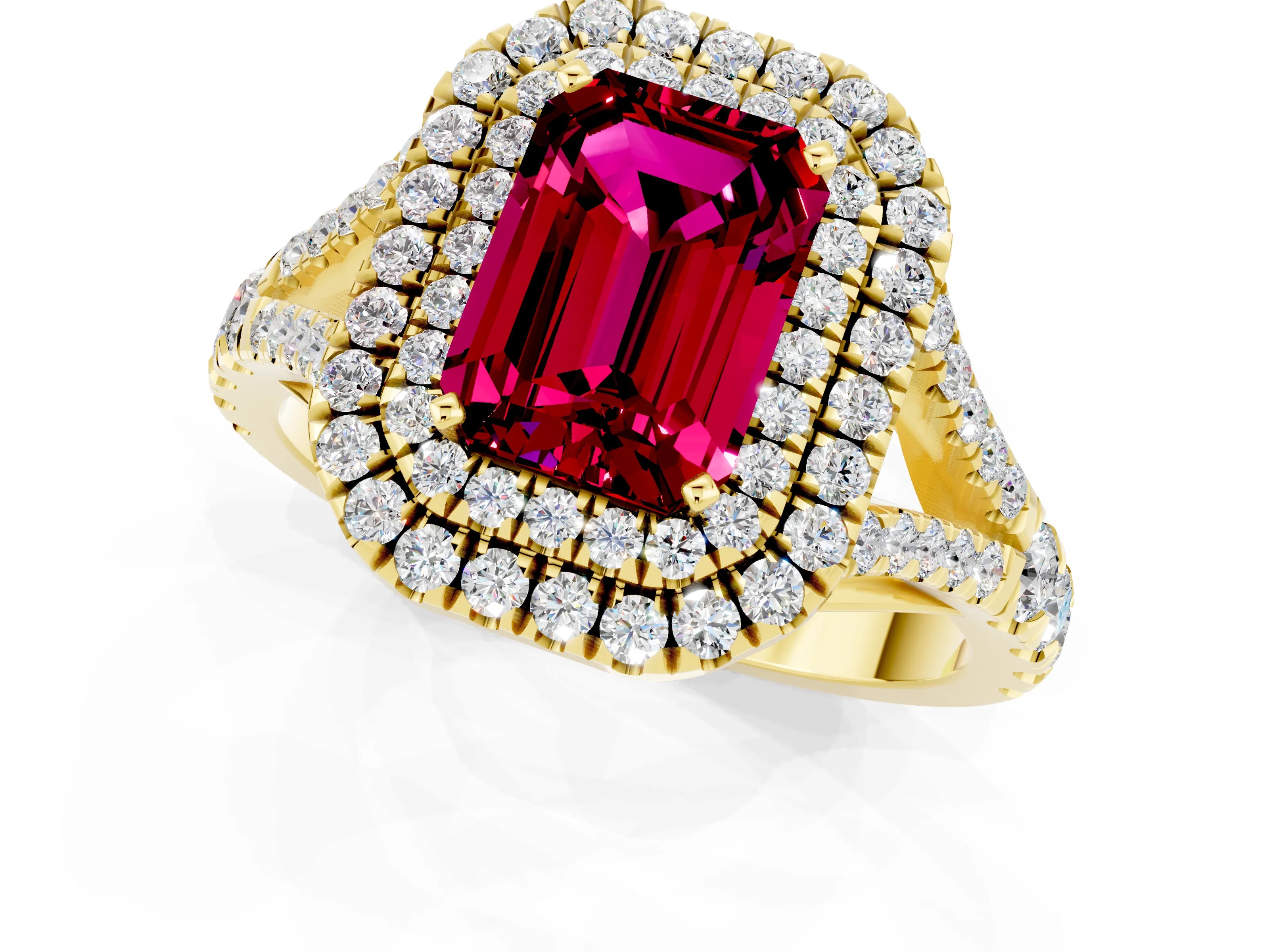Yellow gold Emerald Cut Garnet Double Halo Ring with Split Shank and Prong Setting_13