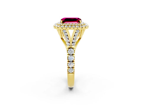 Yellow gold Emerald Cut Garnet Double Halo Ring with Split Shank and Prong Setting_14
