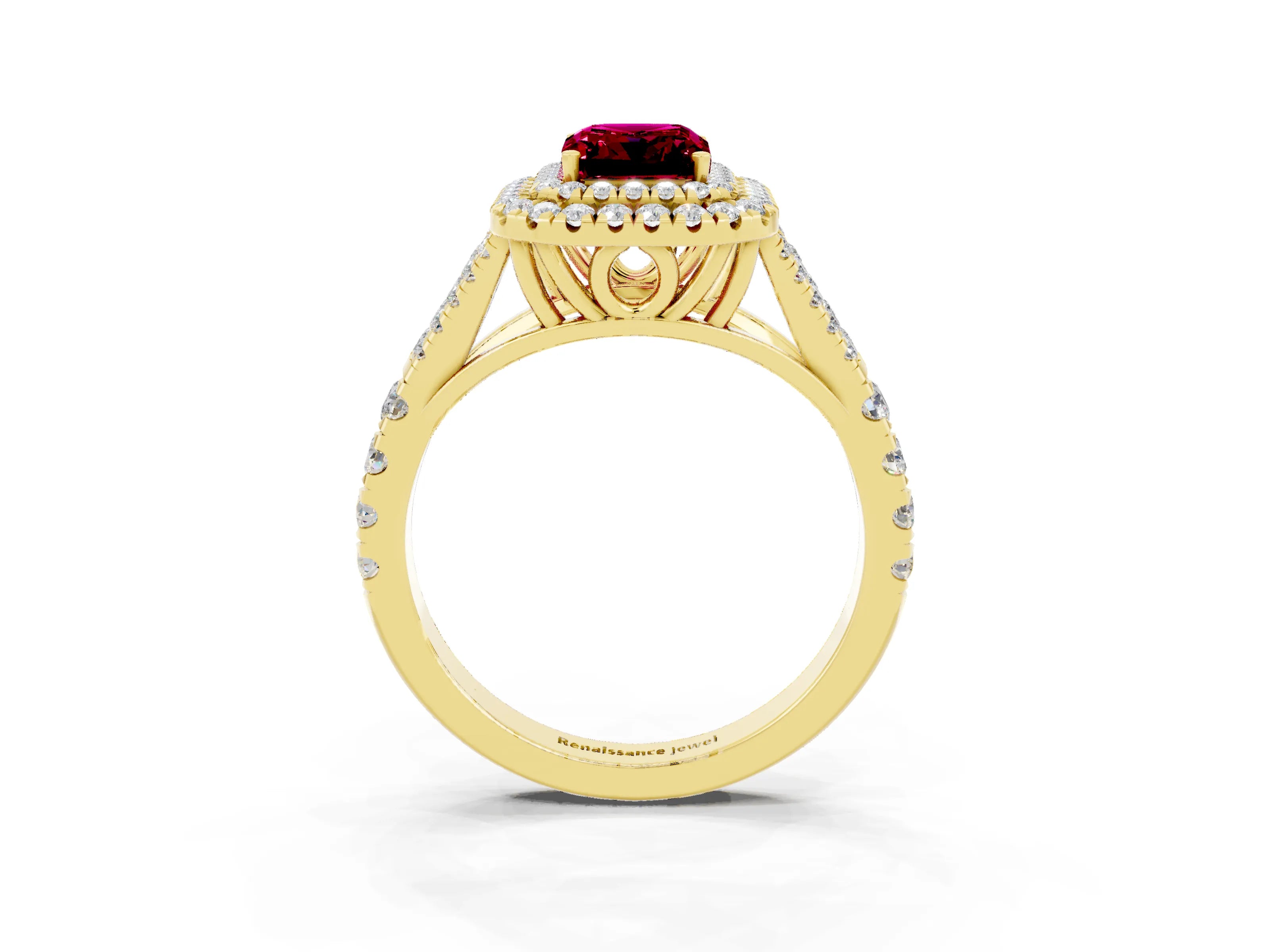 Yellow gold Emerald Cut Garnet Double Halo Ring with Split Shank and Prong Setting_15