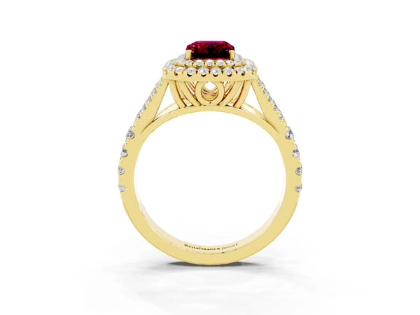Yellow gold Emerald Cut Garnet Double Halo Ring with Split Shank and Prong Setting