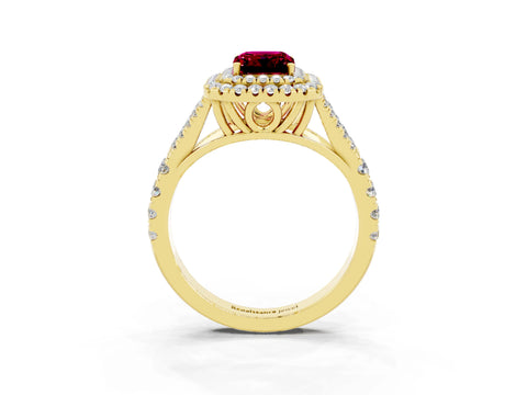 Yellow gold Emerald Cut Garnet Double Halo Ring with Split Shank and Prong Setting_15