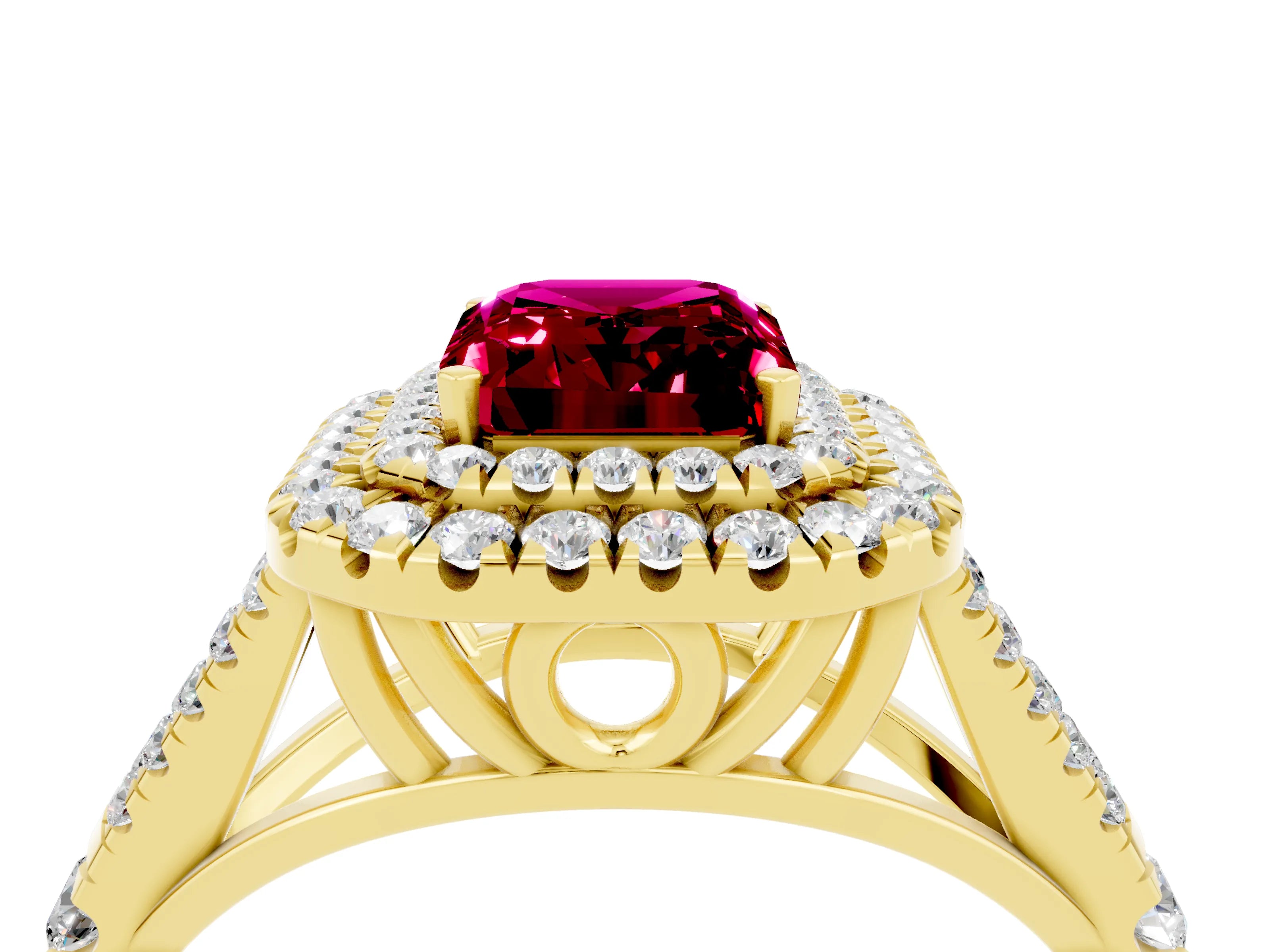 Yellow gold Emerald Cut Garnet Double Halo Ring with Split Shank and Prong Setting_16