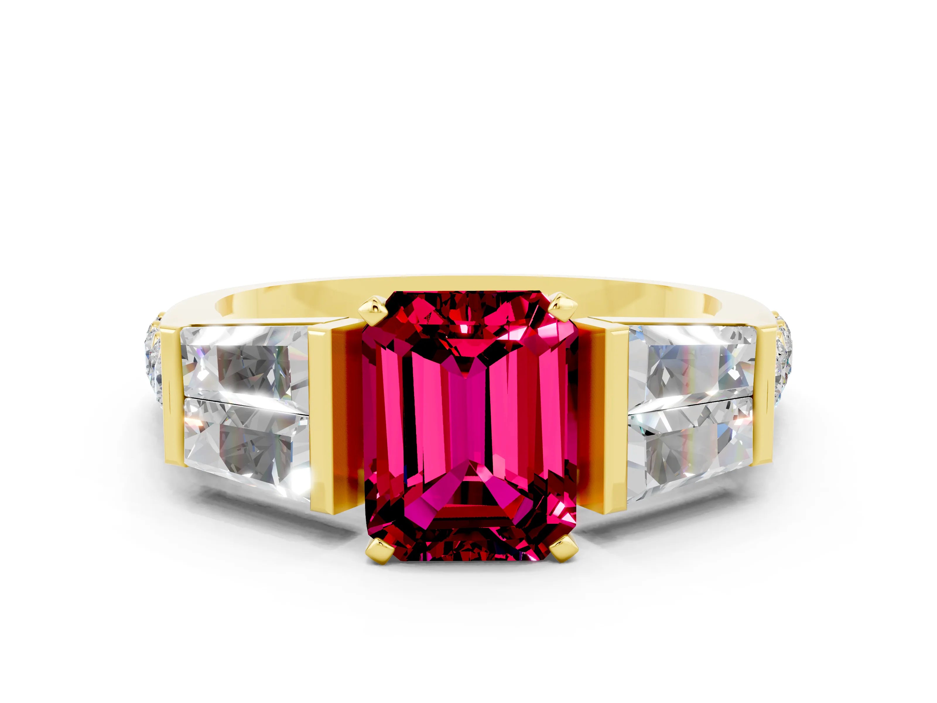 Yellow gold Emerald Cut Garnet Engagement Ring with Baguette Side Stones and Channel Set Band