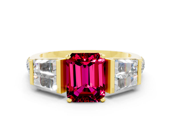 Yellow gold Emerald Cut Garnet Engagement Ring with Baguette Side Stones and Channel Set Band