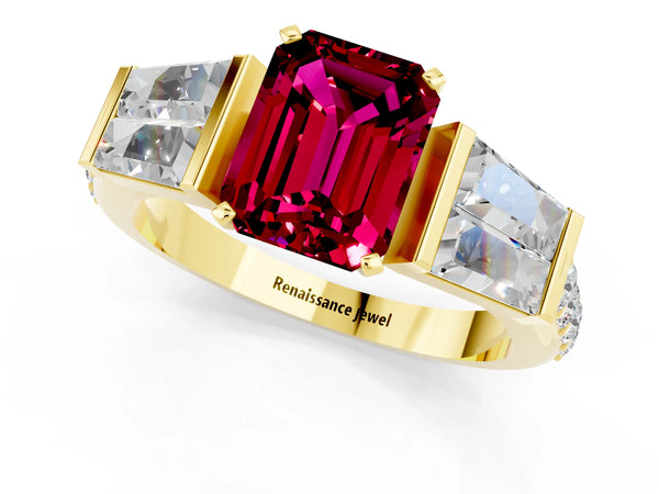 Yellow gold Emerald Cut Garnet Engagement Ring with Baguette Side Stones and Channel Set Band