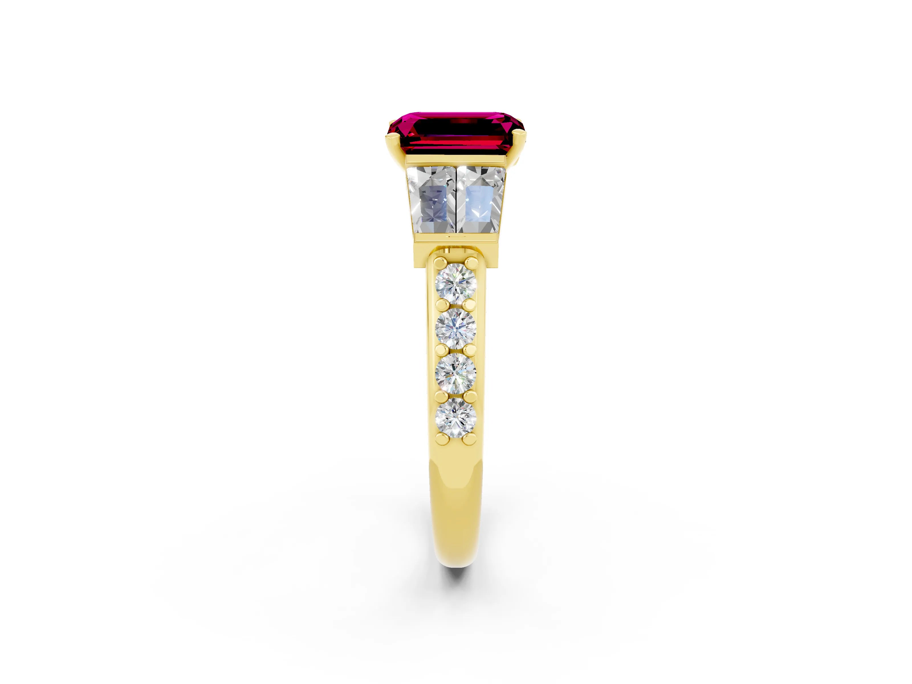 Yellow gold Emerald Cut Garnet Engagement Ring with Baguette Side Stones and Channel Set Band_2