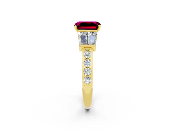 Yellow gold Emerald Cut Garnet Engagement Ring with Baguette Side Stones and Channel Set Band