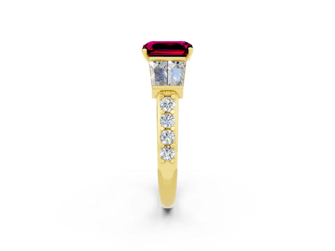 Yellow gold Emerald Cut Garnet Engagement Ring with Baguette Side Stones and Channel Set Band_2