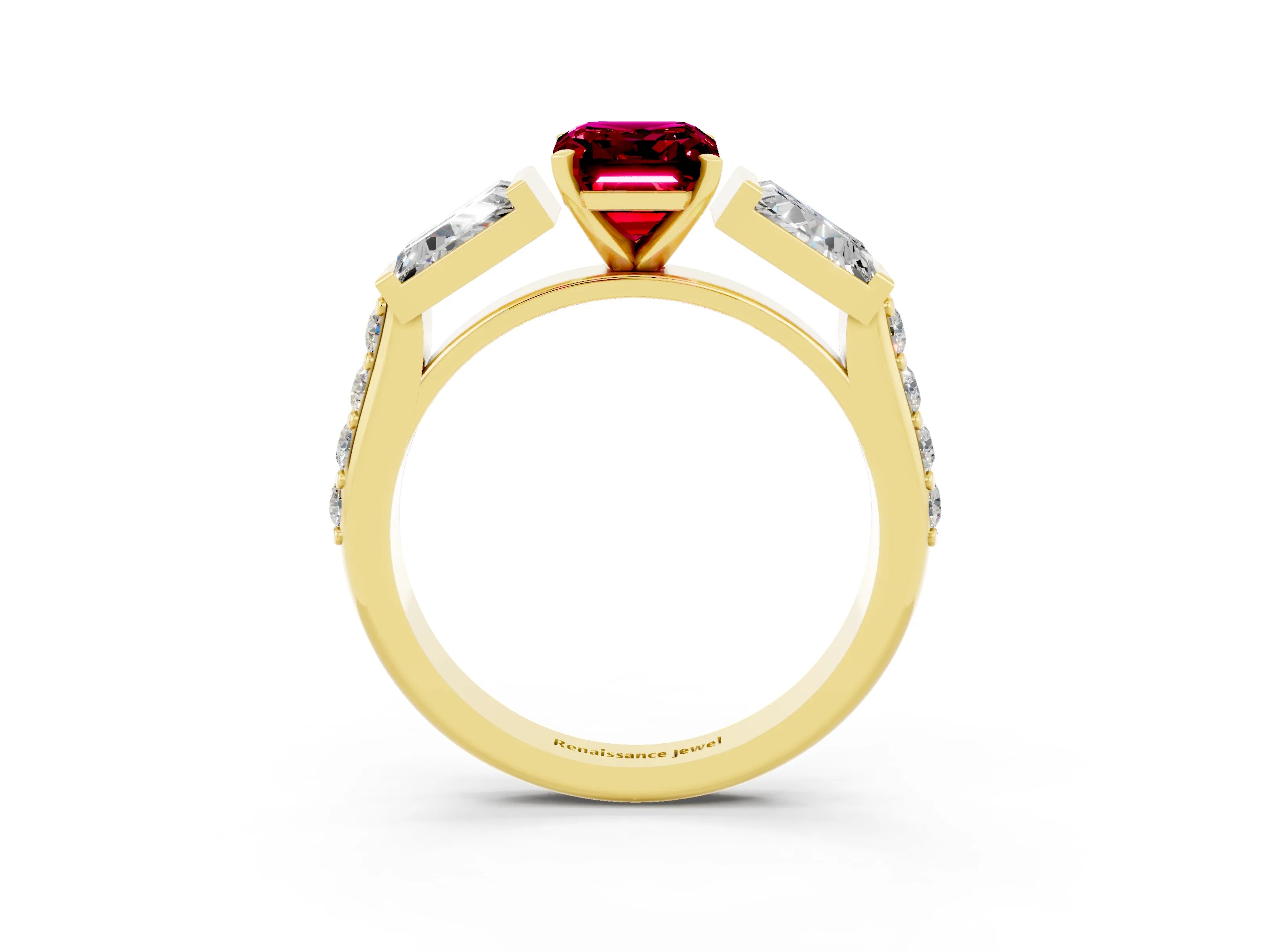 Yellow gold Emerald Cut Garnet Engagement Ring with Baguette Side Stones and Channel Set Band_3