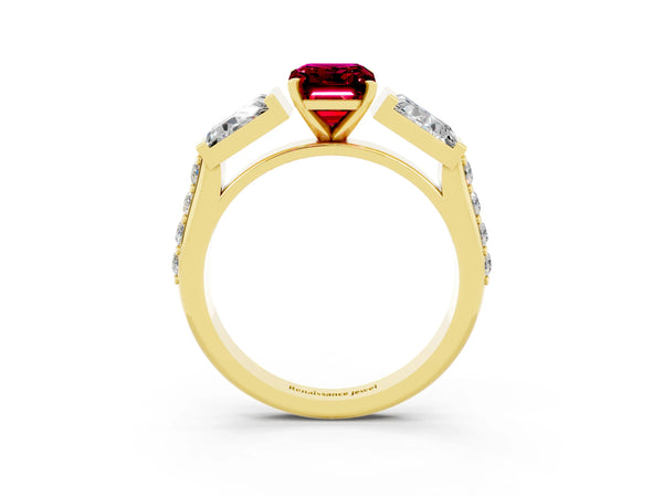 Yellow gold Emerald Cut Garnet Engagement Ring with Baguette Side Stones and Channel Set Band