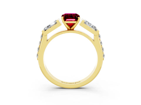 Yellow gold Emerald Cut Garnet Engagement Ring with Baguette Side Stones and Channel Set Band_3