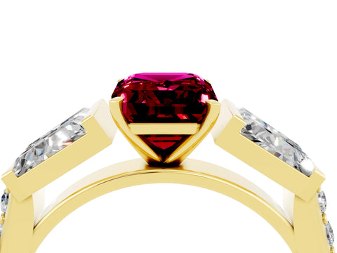 Yellow gold Emerald Cut Garnet Engagement Ring with Baguette Side Stones and Channel Set Band_4
