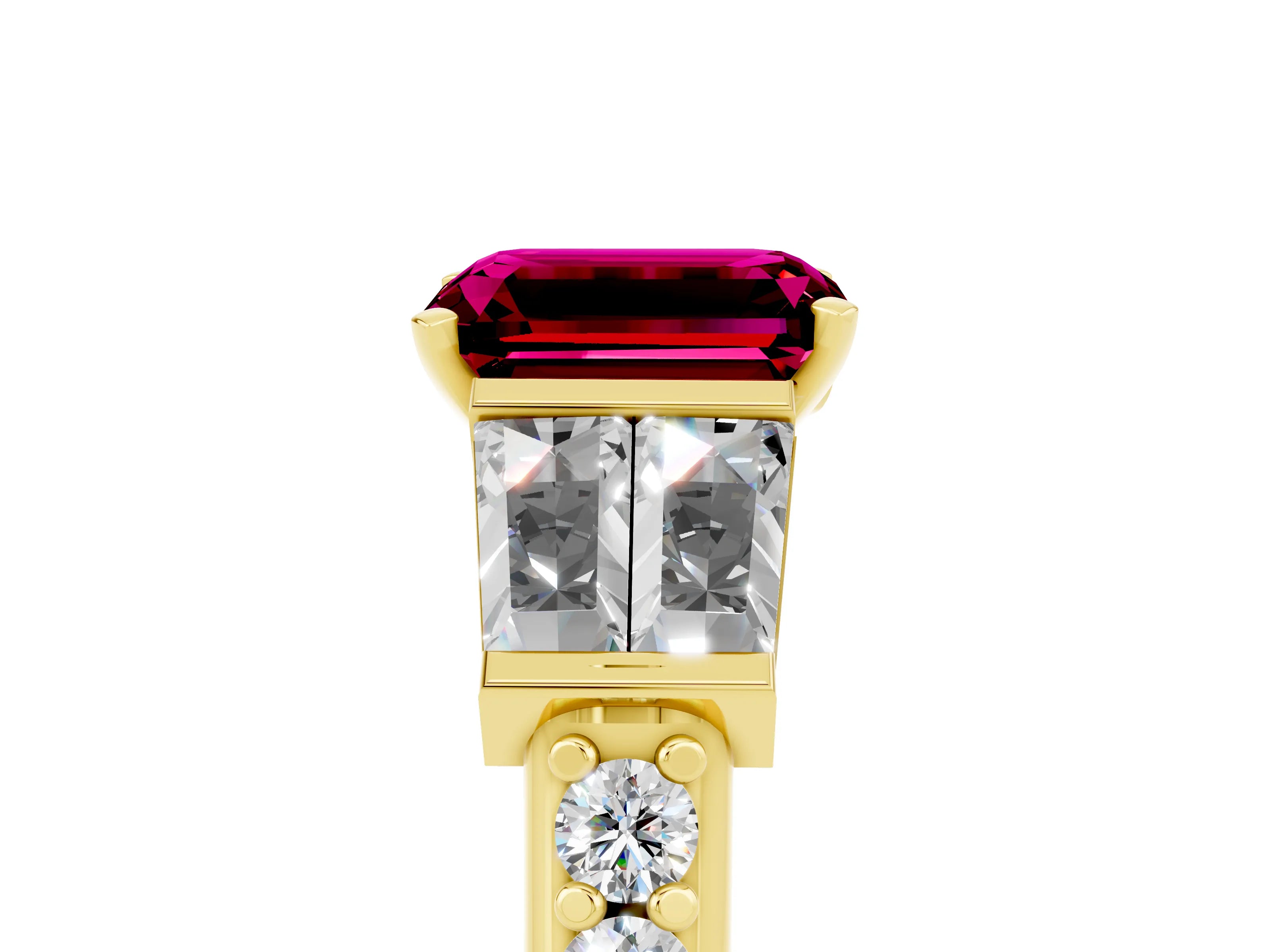 Yellow gold Emerald Cut Garnet Engagement Ring with Baguette Side Stones and Channel Set Band_5