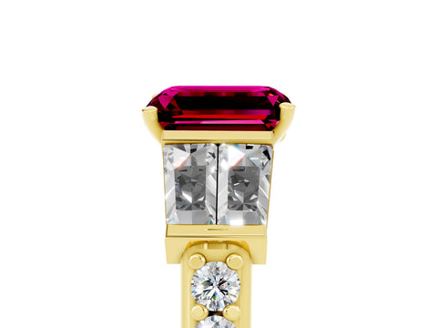 Yellow gold Emerald Cut Garnet Engagement Ring with Baguette Side Stones and Channel Set Band_5