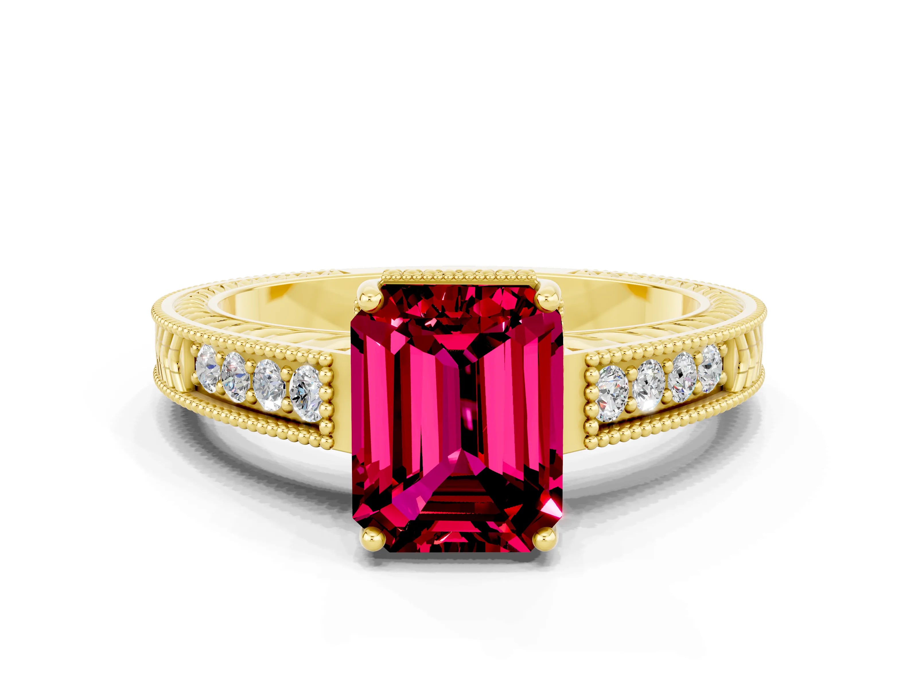Yellow gold Emerald Cut Garnet Engagement Ring with Milgrain Channel Set Band and Prong Setting