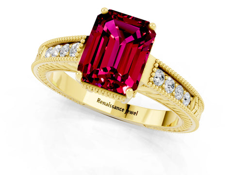 Yellow gold Emerald Cut Garnet Engagement Ring with Milgrain Channel Set Band and Prong Setting_1