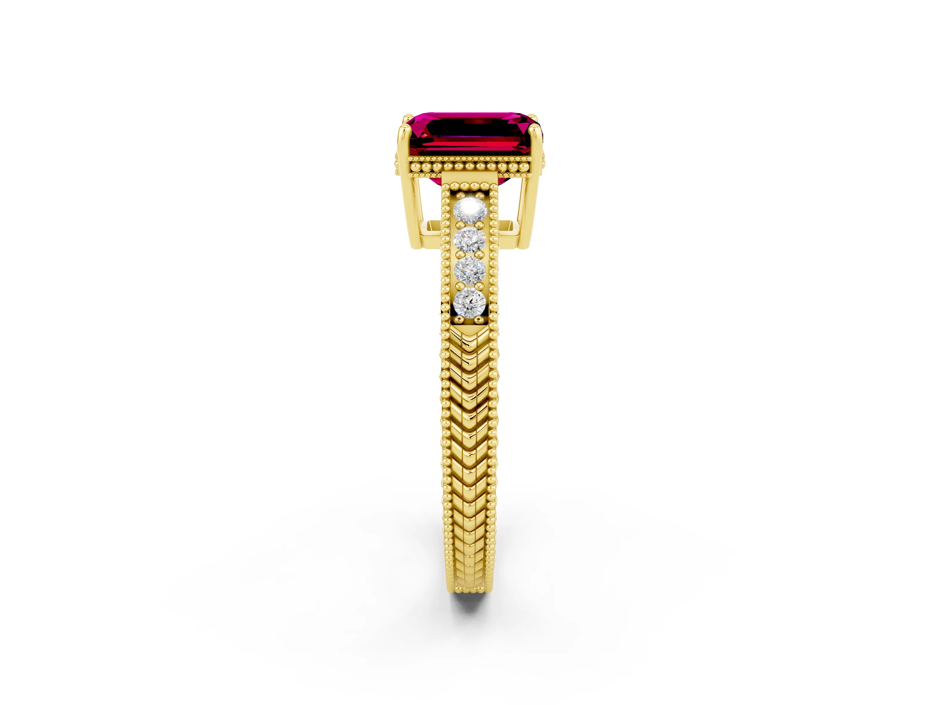 Yellow gold Emerald Cut Garnet Engagement Ring with Milgrain Channel Set Band and Prong Setting_2
