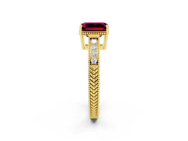 Yellow gold Emerald Cut Garnet Engagement Ring with Milgrain Channel Set Band and Prong Setting