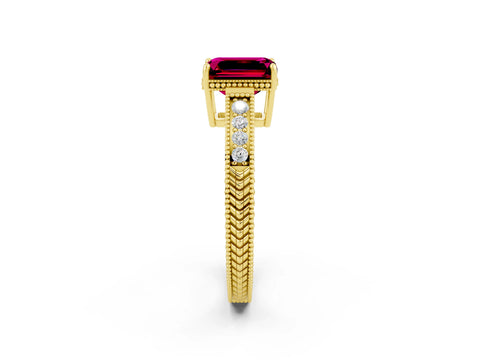 Yellow gold Emerald Cut Garnet Engagement Ring with Milgrain Channel Set Band and Prong Setting_2