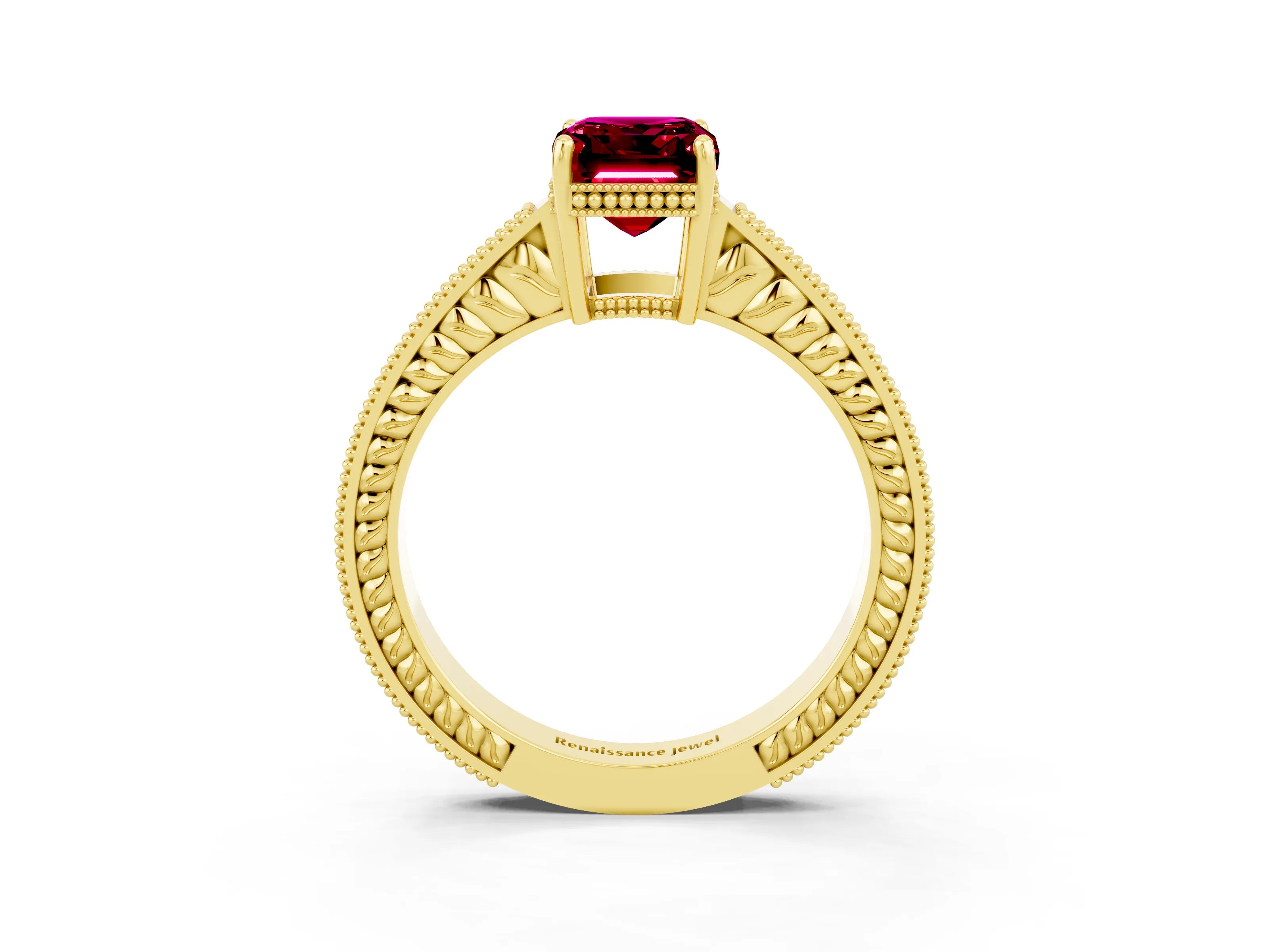 Yellow gold Emerald Cut Garnet Engagement Ring with Milgrain Channel Set Band and Prong Setting_3