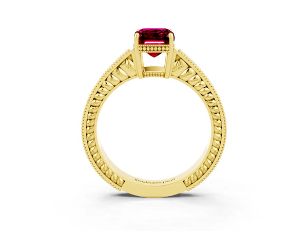 Yellow gold Emerald Cut Garnet Engagement Ring with Milgrain Channel Set Band and Prong Setting