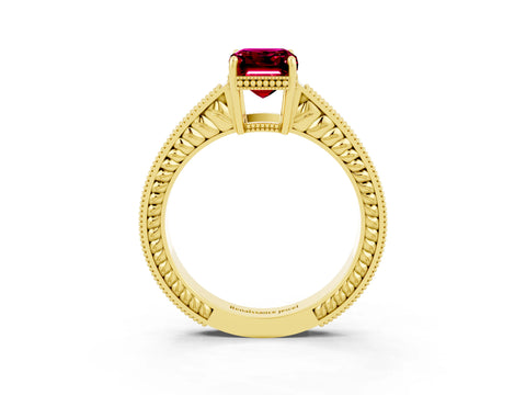 Yellow gold Emerald Cut Garnet Engagement Ring with Milgrain Channel Set Band and Prong Setting_3