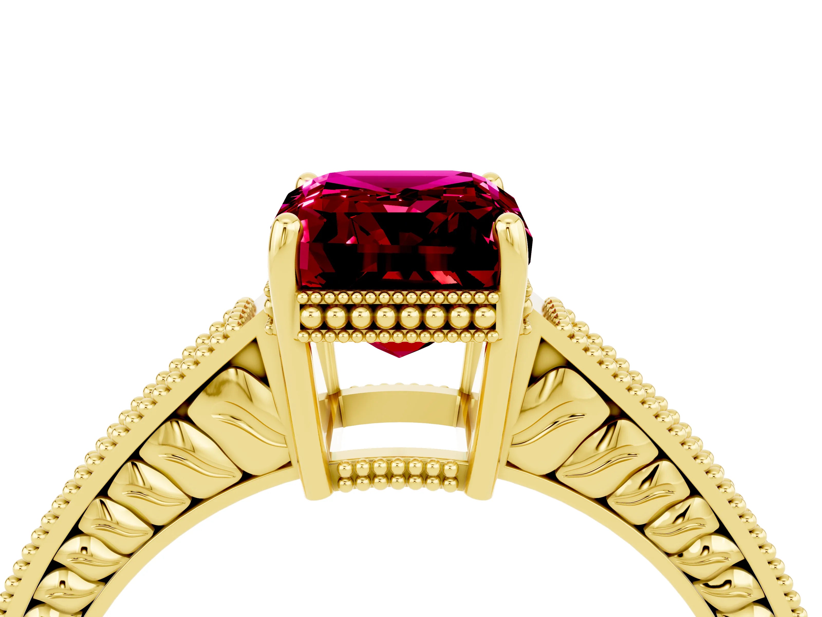 Yellow gold Emerald Cut Garnet Engagement Ring with Milgrain Channel Set Band and Prong Setting_4