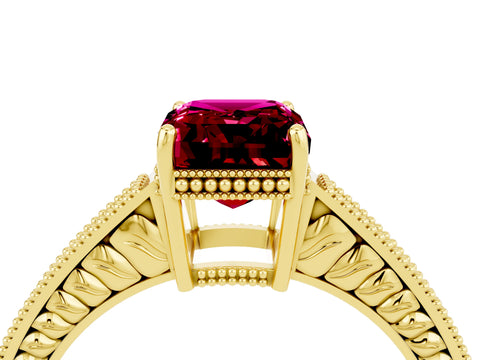 Yellow gold Emerald Cut Garnet Engagement Ring with Milgrain Channel Set Band and Prong Setting_4