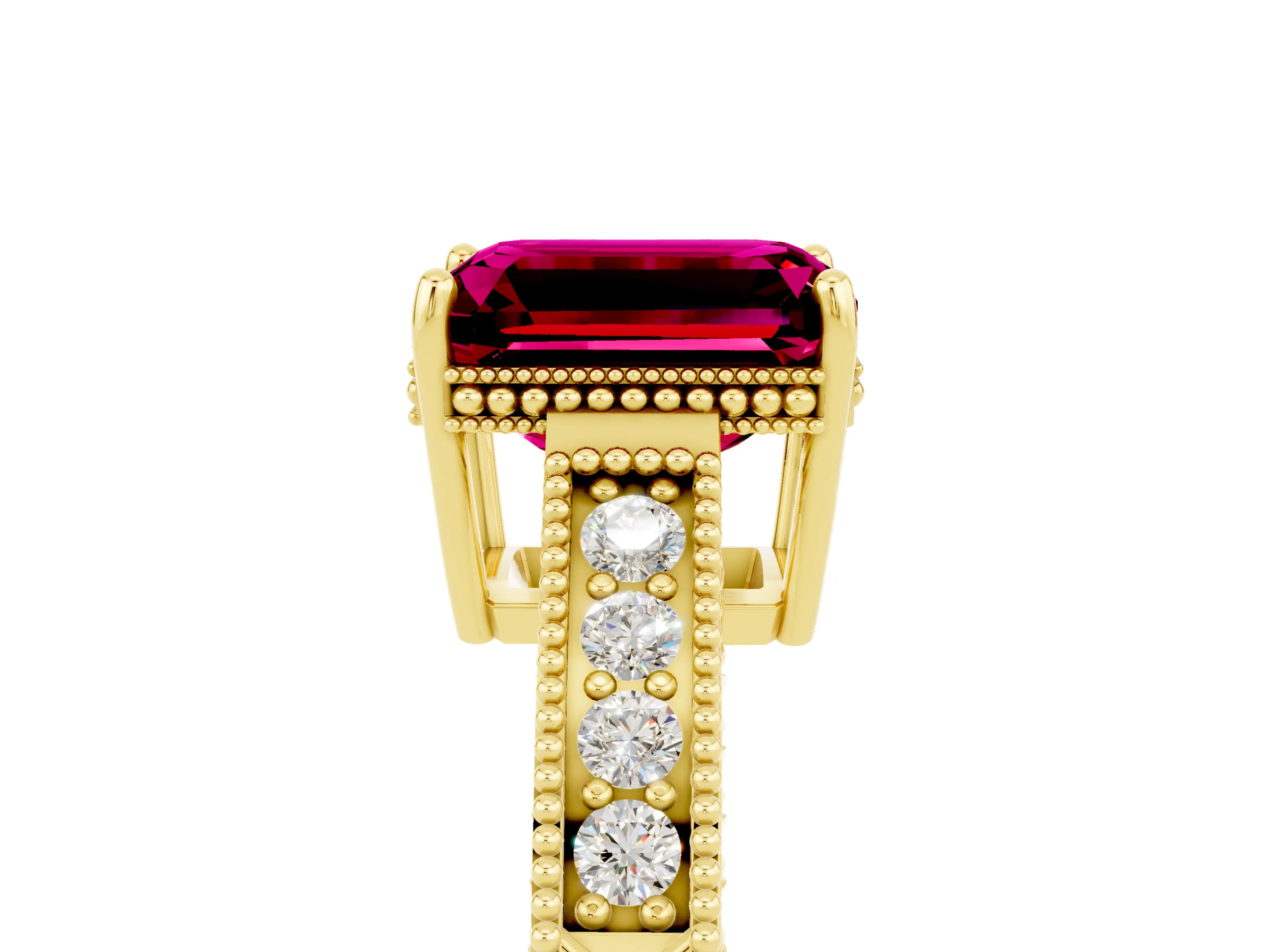 Yellow gold Emerald Cut Garnet Engagement Ring with Milgrain Channel Set Band and Prong Setting_5