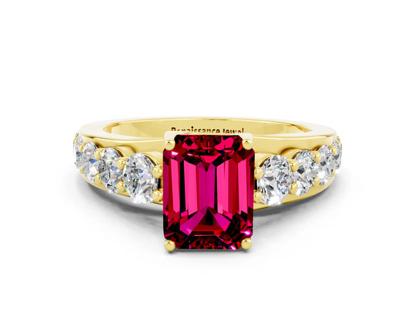Yellow gold Emerald Cut Garnet Engagement Ring with Pavé Band and Four-Prong Setting