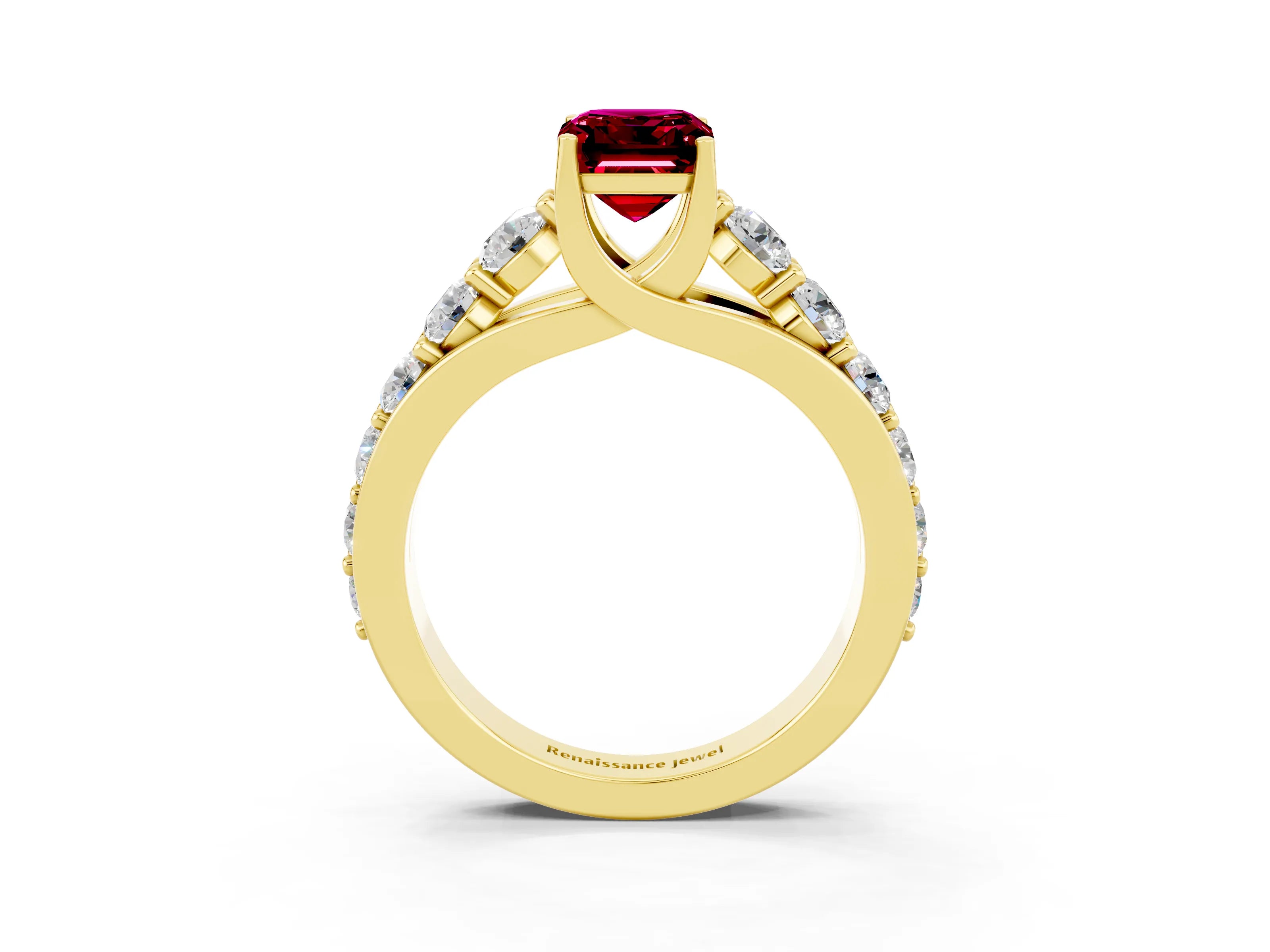 Yellow gold Emerald Cut Garnet Engagement Ring with Pavé Band and Four-Prong Setting_3