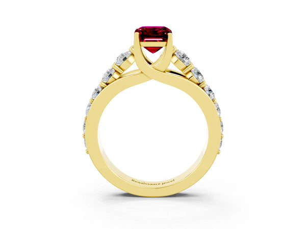 Yellow gold Emerald Cut Garnet Engagement Ring with Pavé Band and Four-Prong Setting