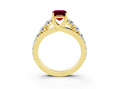 Yellow gold Emerald Cut Garnet Engagement Ring with Pavé Band and Four-Prong Setting_3