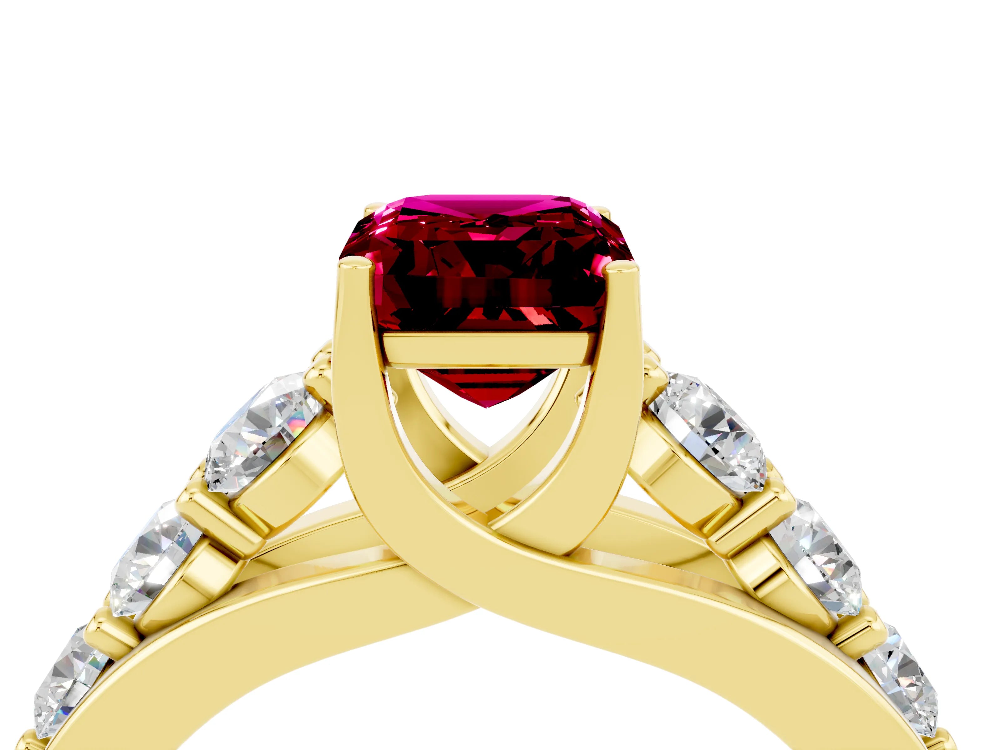 Yellow gold Emerald Cut Garnet Engagement Ring with Pavé Band and Four-Prong Setting_4