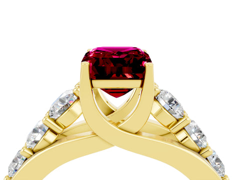 Yellow gold Emerald Cut Garnet Engagement Ring with Pavé Band and Four-Prong Setting_4
