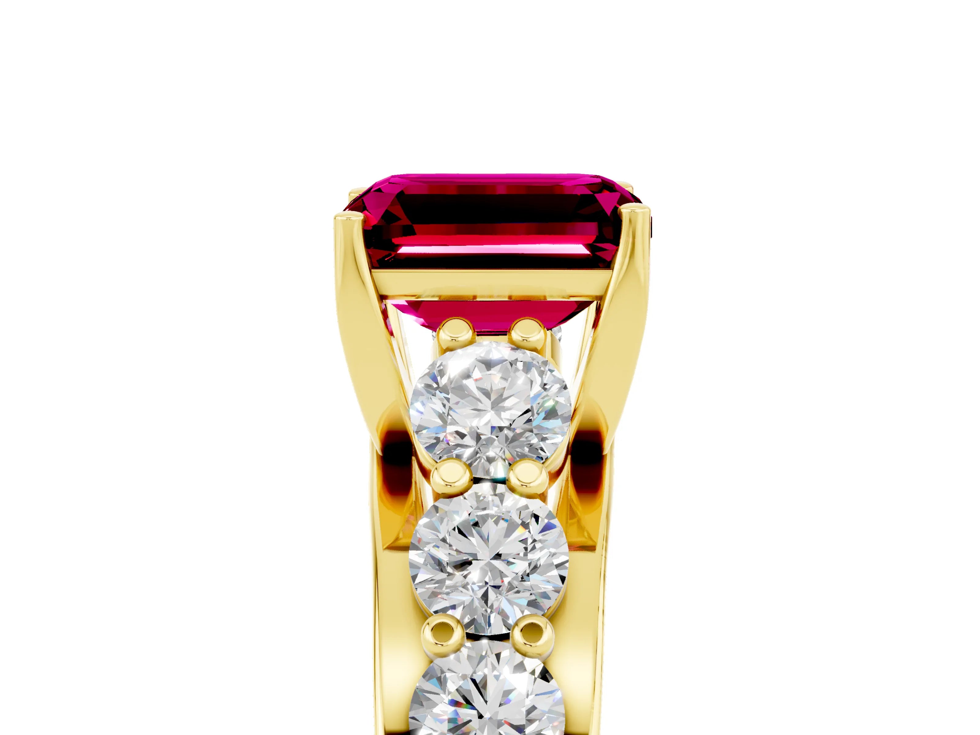Yellow gold Emerald Cut Garnet Engagement Ring with Pavé Band and Four-Prong Setting_5
