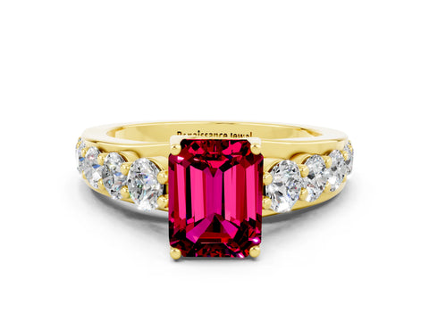 Yellow gold Emerald Cut Garnet Engagement Ring with Pavé Band and Four-Prong Setting